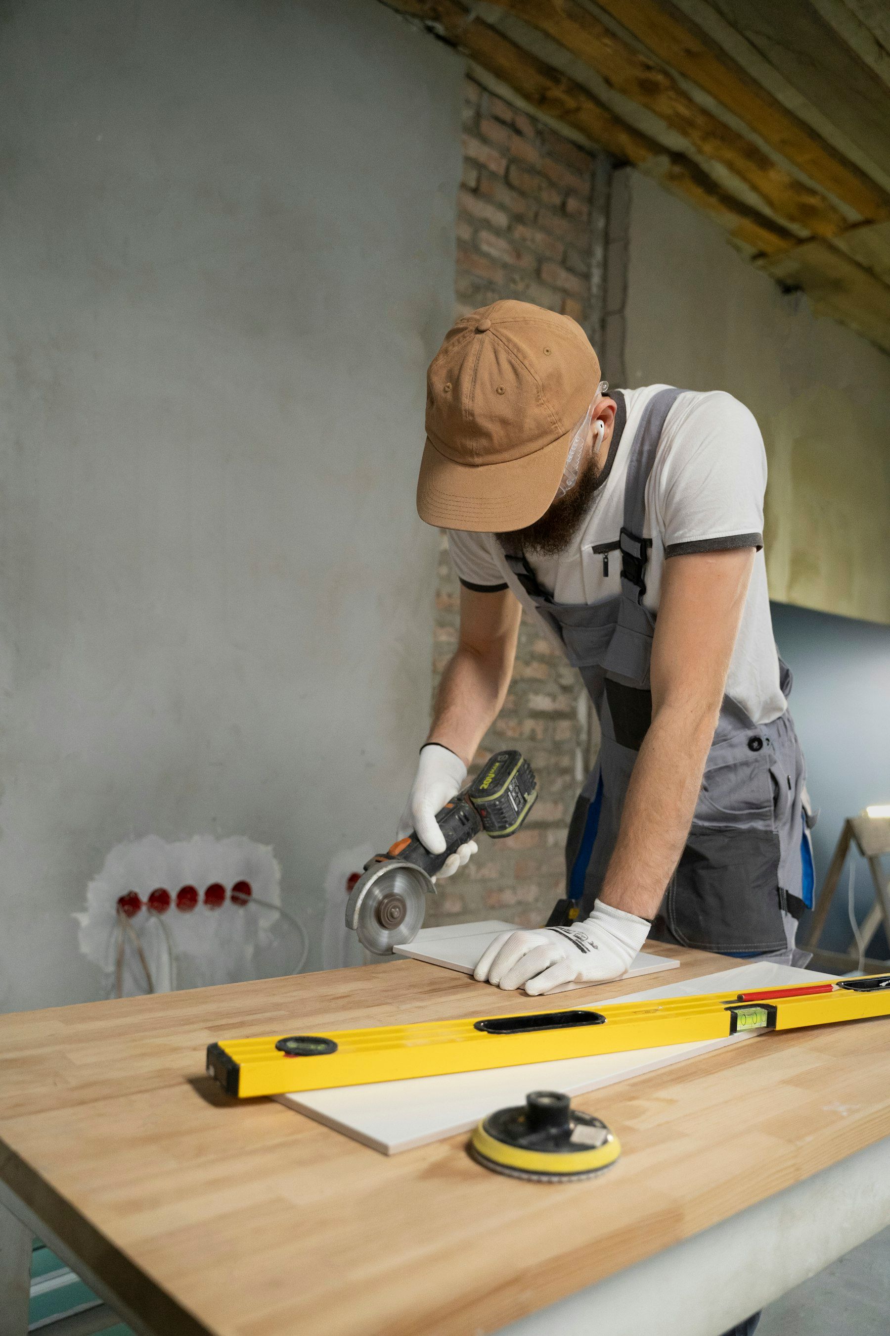 Tile setter cutting a tile with an angle grinder